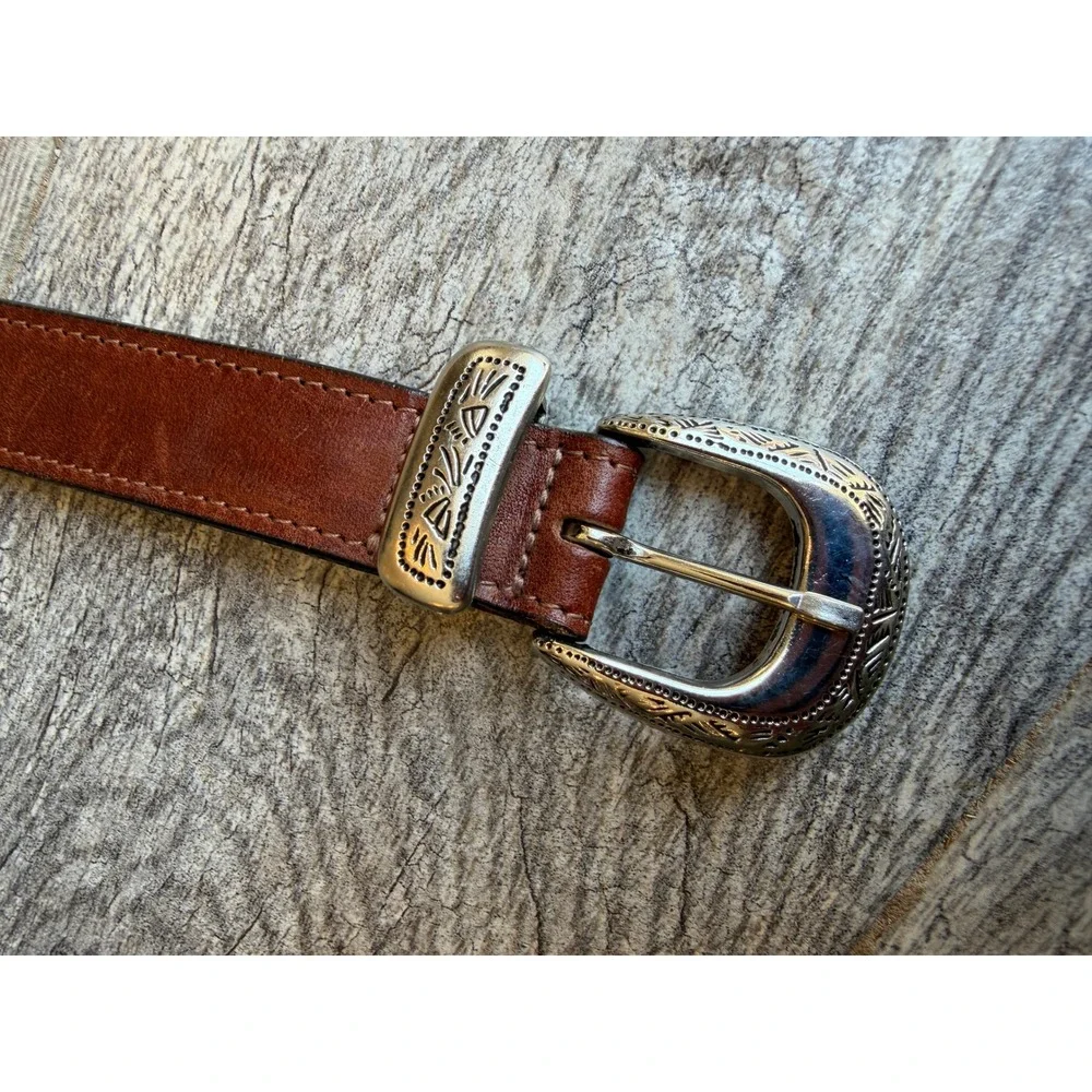 Genuine Leather Western Belt Small Womens Engraved Buckle USA Engraved Cowgirl